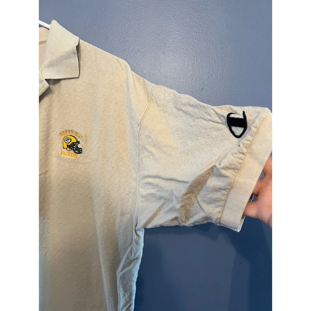 NFL Green Bay‎ Packers Champion Textured Beige Polo Size Large, Embroidered Logo